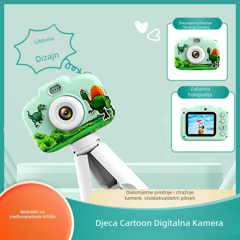 Dječja digitalna kamera s dvjema prednjim i stražnjim kamerama, 96 milijuna piksela, tijelo od ABS-a, 12-satna baterija, značajke: igre, filtri, naljepnice za fotografije