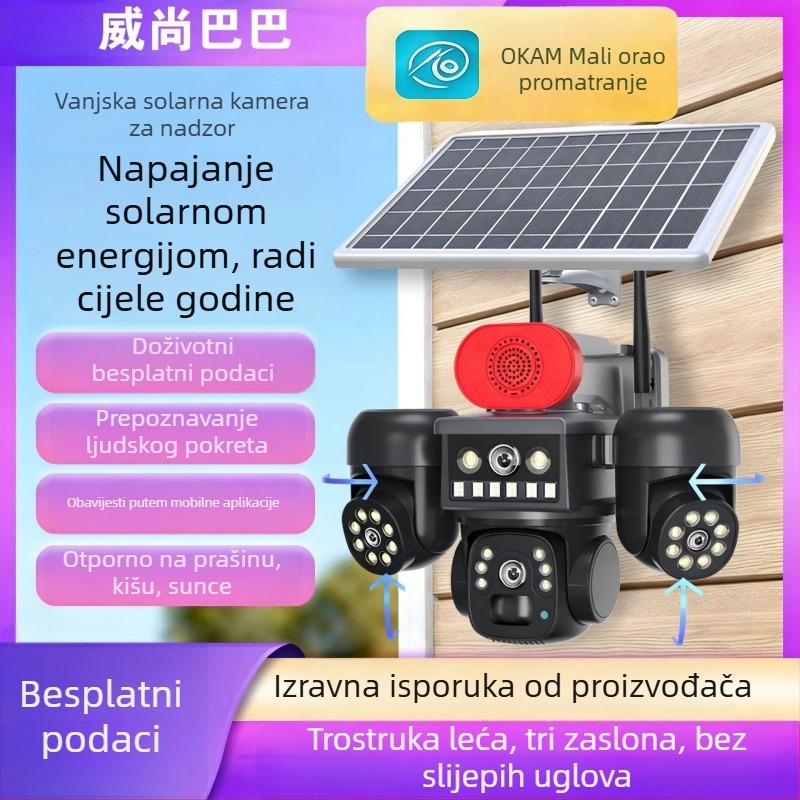 Vanjska kupolna kamera sa solarnim napajanjem i HD noćnim vidom, minimalno osvjetljenje 0.001 lux, napajanje 5V, -10 do 40°C, Alarm funkcija podržana