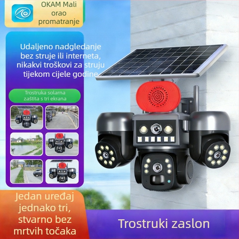 Vanjska kupolna kamera sa solarnim napajanjem i HD noćnim vidom, minimalno osvjetljenje 0.001 lux, napajanje 5V, -10 do 40°C, Alarm funkcija podržana