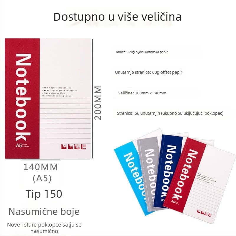 Bilježnica s mekim koricama, ljepilno uvez, papir 100 g/m², 50–100 stranica
