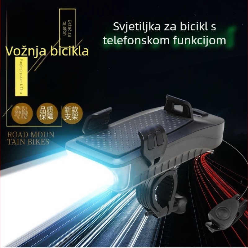 Četiri u jedan set za bicikl: prednje svjetlo, zvono, držač za telefon i vanjska baterija — Marka Anqi Race; prilagodba obrade: Da; licencirana privatna oznaka: Da