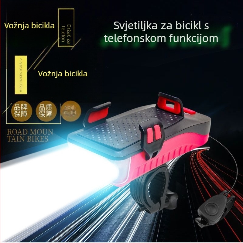 Četiri u jedan set za bicikl: prednje svjetlo, zvono, držač za telefon i vanjska baterija — Marka Anqi Race; prilagodba obrade: Da; licencirana privatna oznaka: Da