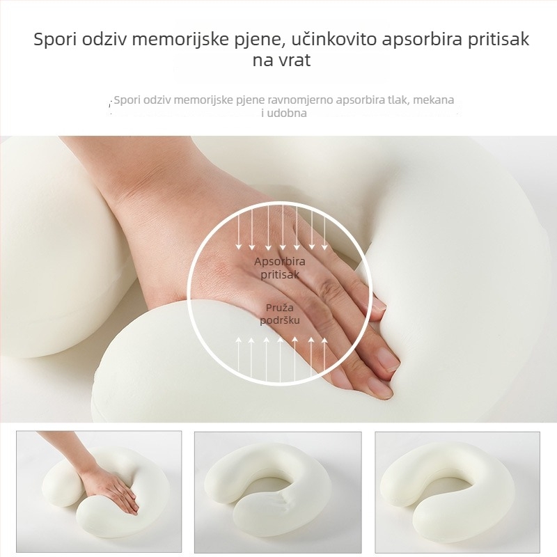 U-oblikovani putni jastuk s memory pjenom, hladna svila tkanina, moderni minimalistički dizajn, lagan do 0,5 kg