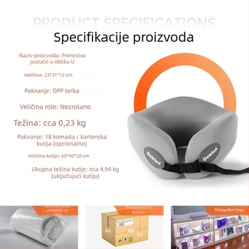 Jastuk za vrat u obliku U s memorijskom pjenom, spor odziv, za putovanja i kratko dremanje, prenosno za auto/ured