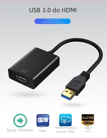 USB 3.0 na HDMI adapter – 1080p bez upravljača, HDMI audio–video sinkronizacija, za projektore
