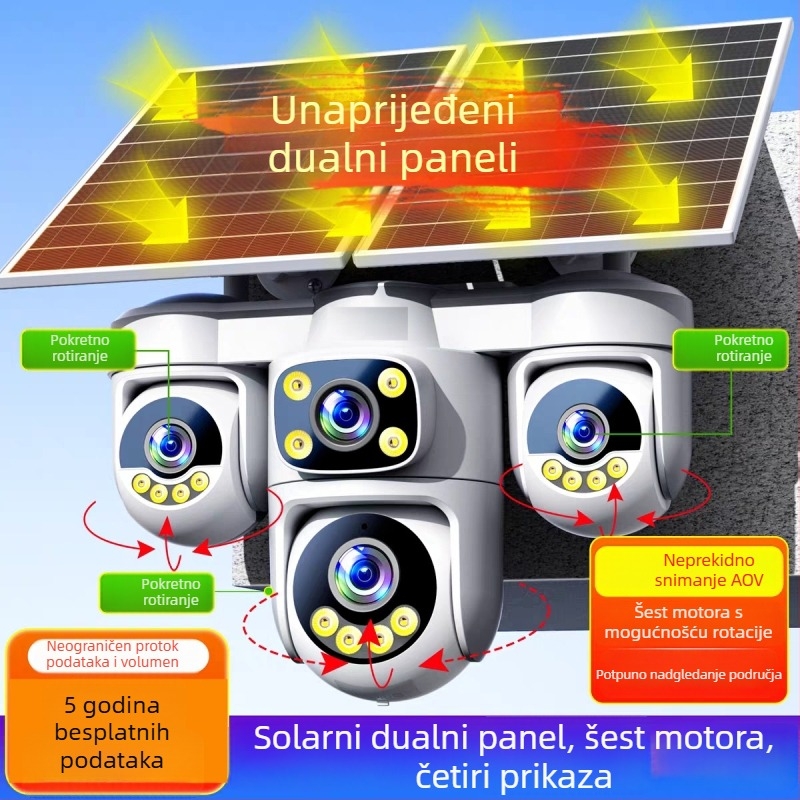 4G solarna kućna kamera za nadzor, vanjska bežična, 360° noćni vid, HD kamera, 12000mAh baterija, dvostruki 7W solarni paneli, 5V napajanje