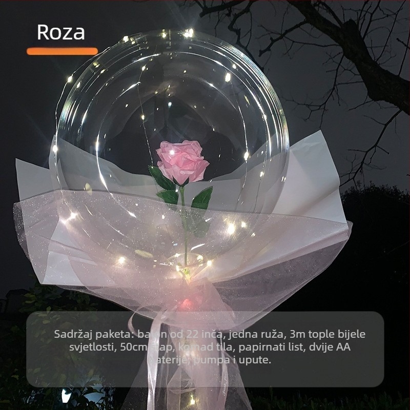 LED prozirni balon – Rose Wave Ball, aluminijska folija, okrugli oblik; pogodno za Valentinovo, rođendan i vjenčanje