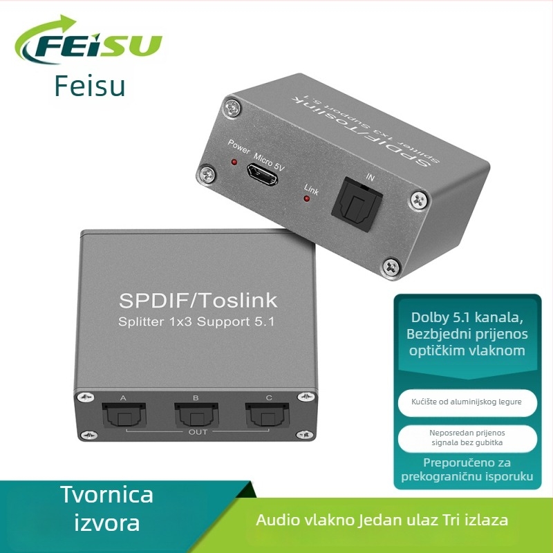 FS-T-115 TOSLINK digitalni optički audio splitter 1 ulaz 3 izlaza (Dolby Digital, DTS 5.1)