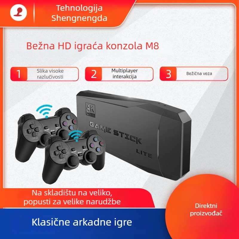 Gaming konzola M8 4K s dvostrukim bežičnim kontrolerima, povezivanje na TV, retro stil, 64GB memorije