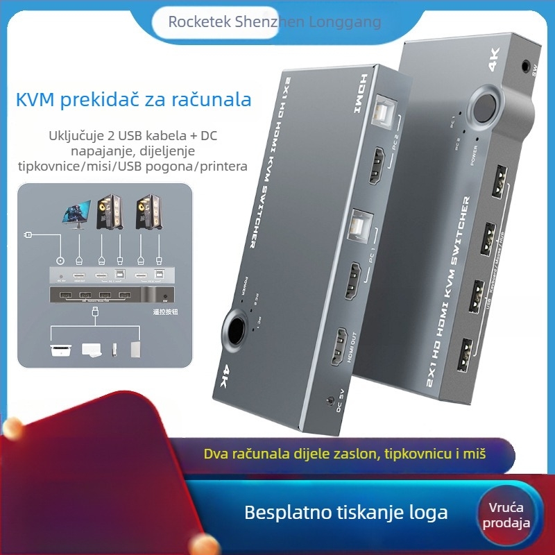 KVM HDMI prekidač, 2 ulaza, 1 izlaz, 1080p, USB hub, metalno kućište