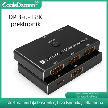 DP1.4 8K30Hz prekidač s USB-C napajanjem, DP video splitter 1 na 3, dvostrano zamjenjivi DP konverter