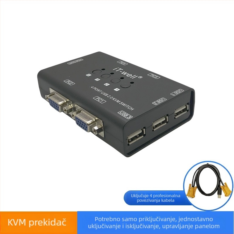 VGA KVM prekidač, 4-portni ručni, USB tipkovnica i miš dijeljitelj zaslona, pretvarač 4 na 1 izlaz, model IT-CS04001MU