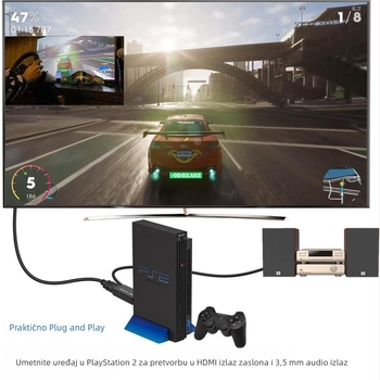 PS2 na HDMI pretvarač, HDMI izlaz za TV, podržava rezolucije 480i/576i/480p