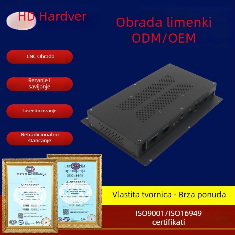 Kućište za pojačalo – limeno kućište od nehrđajućeg čelika ili aluminijske legure, debljina 0.5–20 mm, NC izrezivanje ploče, tolerancija ±0.05–0.5 mm, završna obrada sprejom