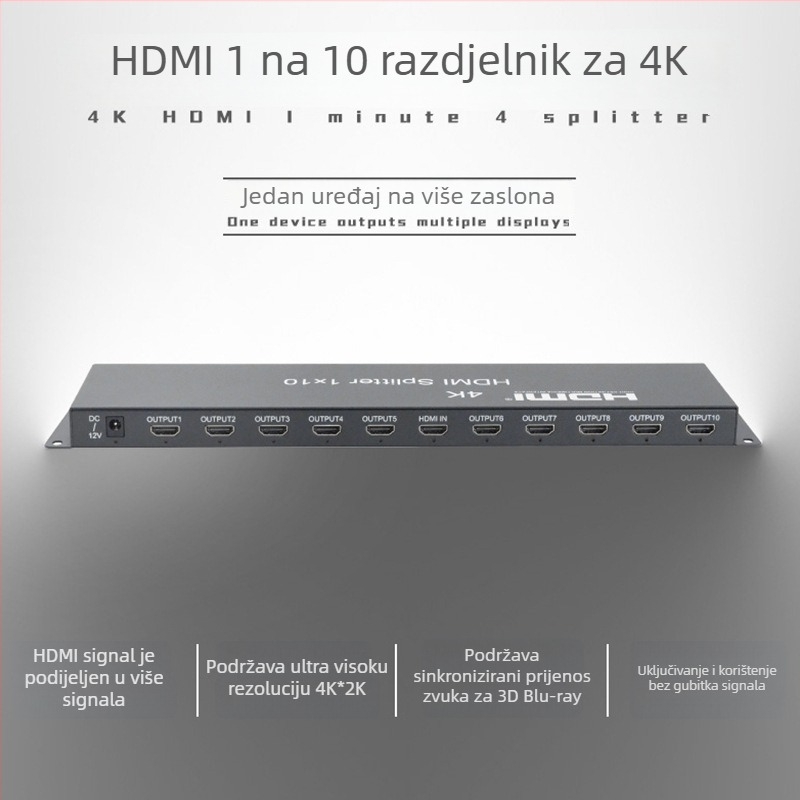 HDMI 1x10 razdjelnik, 4K rezolucija, daljinsko buđenje, upravljanje napajanjem, OEM kompatibilan