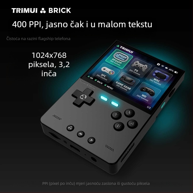 Prijenosna konzola za igre s nostalgičnim arcade dizajnom u PSP stilu (8 GB ugrađene memorije, Linux operativni sustav, USB sučelje, 3,5 mm izlaz za slušalice, podrška RPG igara)