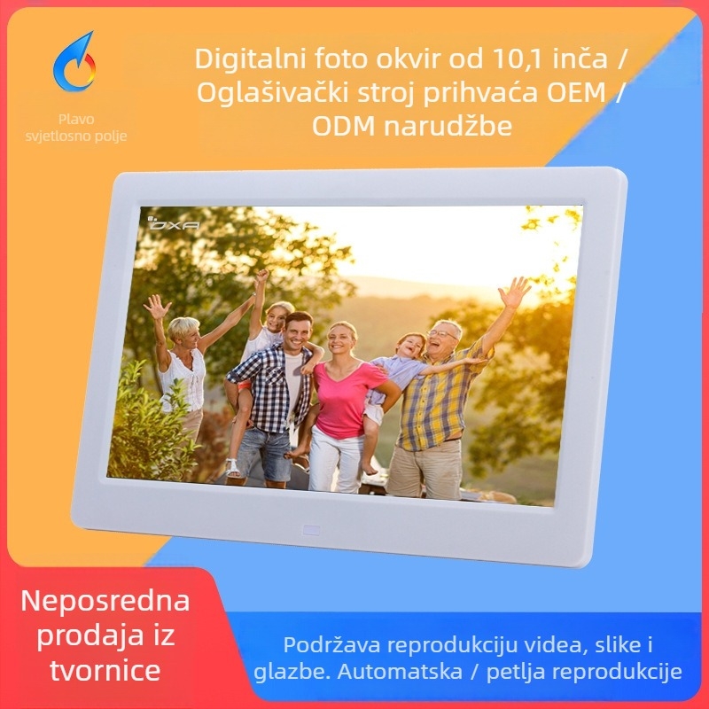 Digitalni okvir za fotografije s рекламnim zaslonom, rezolucija 1024×600, BMP/JPEG podrška, SD/USB/TF kartica, reprodukcija glazbe i videa, TV izlaz, ultra-tanki okvir