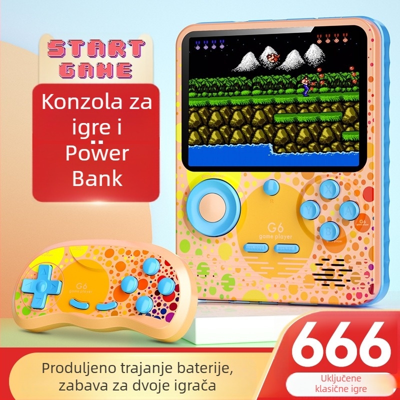 G6 666-in-1 Šarolita prenosna konzola za igre — Nostalgijski retro stil, 1 GB memorije, USB sučelje, Žičana veza, Power Bank funkcija, Podržava 2 igrača