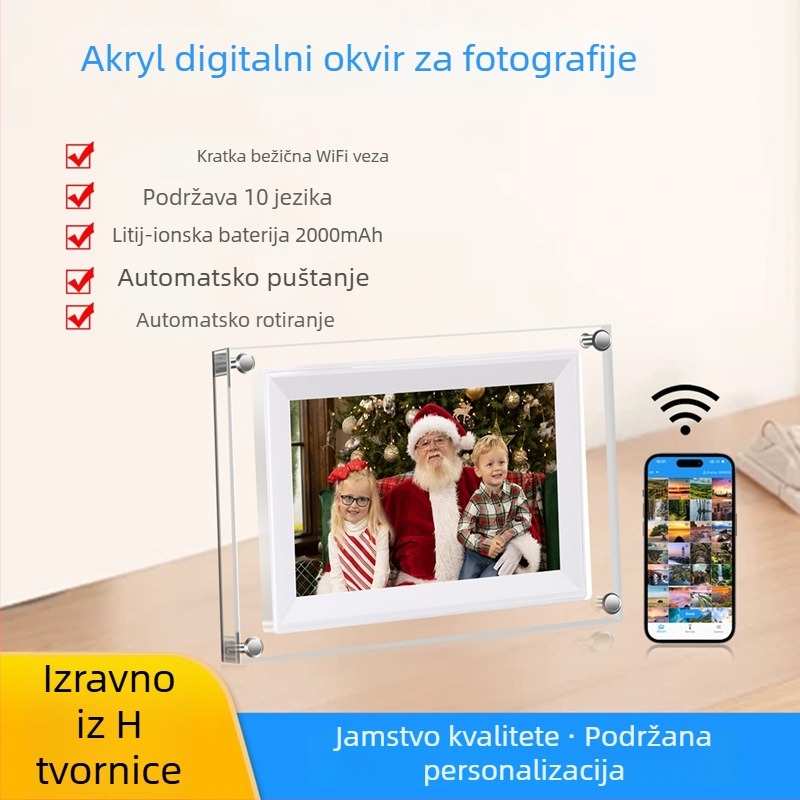 Wi-Fi digitalni okvir za fotografije s prozirnim akrilnim tijelom, rezolucija 1024×600, 8GB prostora, reprodukcija videa