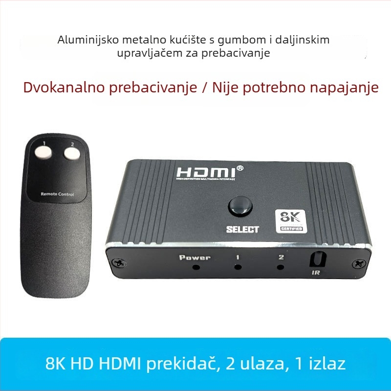 HDMI prekidač 2 ulaza/1 izlaz, s daljinskim upravljačem, 8K60Hz, kompatibilan sa svim sustavima, za prebacivanje prikaza računala i TV-a, 1 godina jamstva