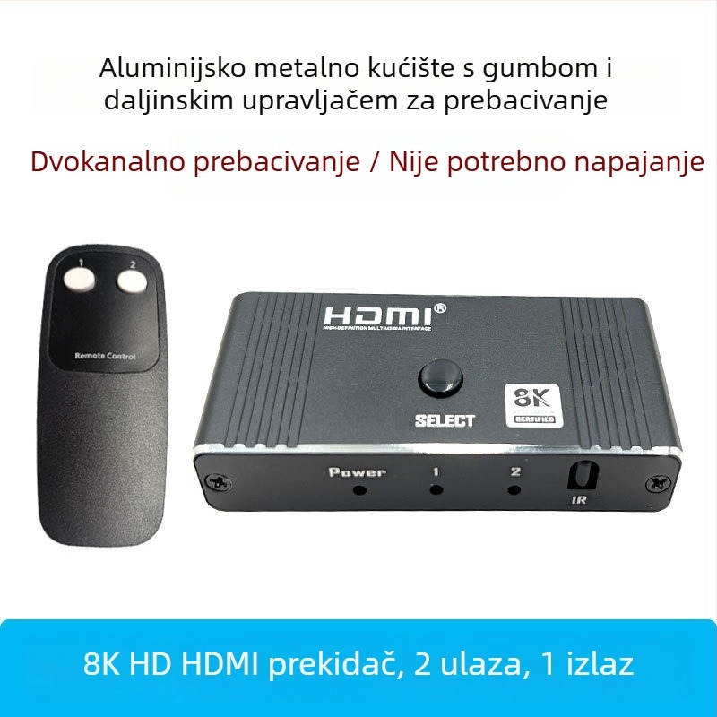 HDMI prekidač 2 ulaza/1 izlaz, s daljinskim upravljačem, 8K60Hz, kompatibilan sa svim sustavima, za prebacivanje prikaza računala i TV-a, 1 godina jamstva