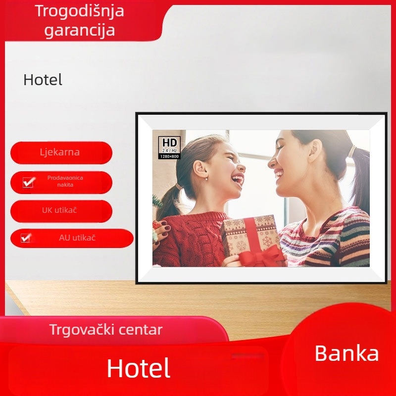 Digitalni okvir za fotografije s cloud albummom, Wi‑Fi, IPS zaslon 1280x800, 16 GB pohrane, reprodukcija glazbe i videozapisa