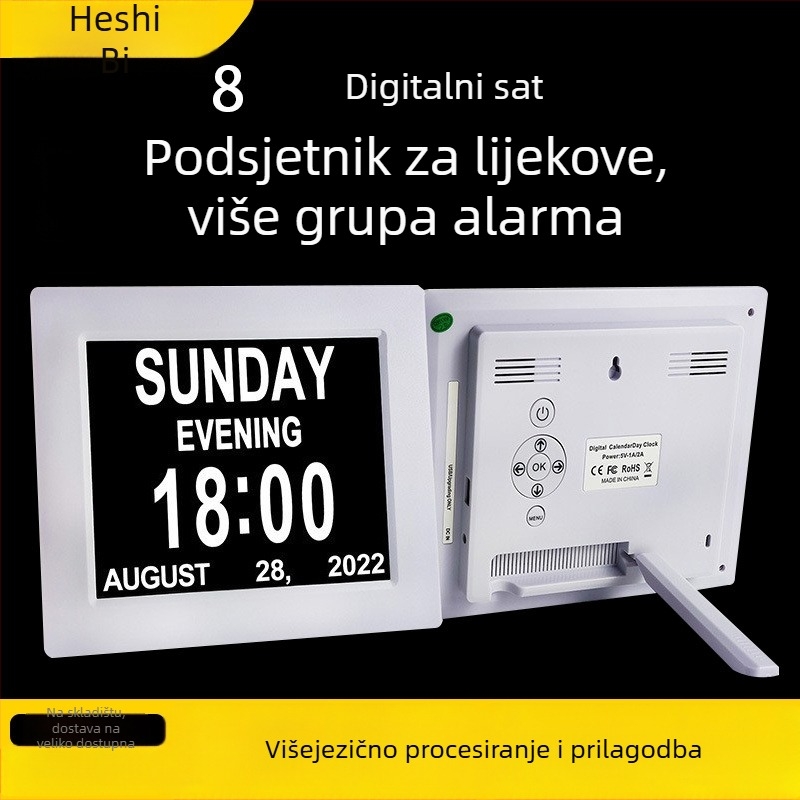 Digitalni sat s kalendarom i podsjetnikom za lijekove za starije osobe, rezolucija 800×600, podrška USB memorijskoj, AMLOGIC rješenje za digitalnu fotogaleriju, svjetlina 300 lumena