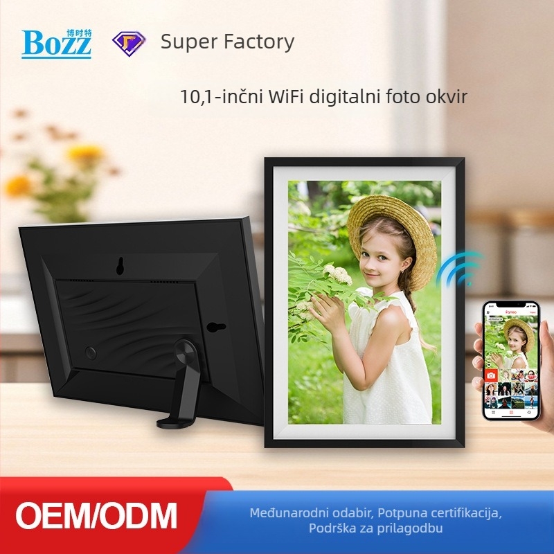 WiFi digitalni okvir za fotografije s prijenosom fotografija putem aplikacije, HD zaslon 1280×800, 16GB memorije, podrška SD/USB/TF kartica, reprodukcija videa i glazbe