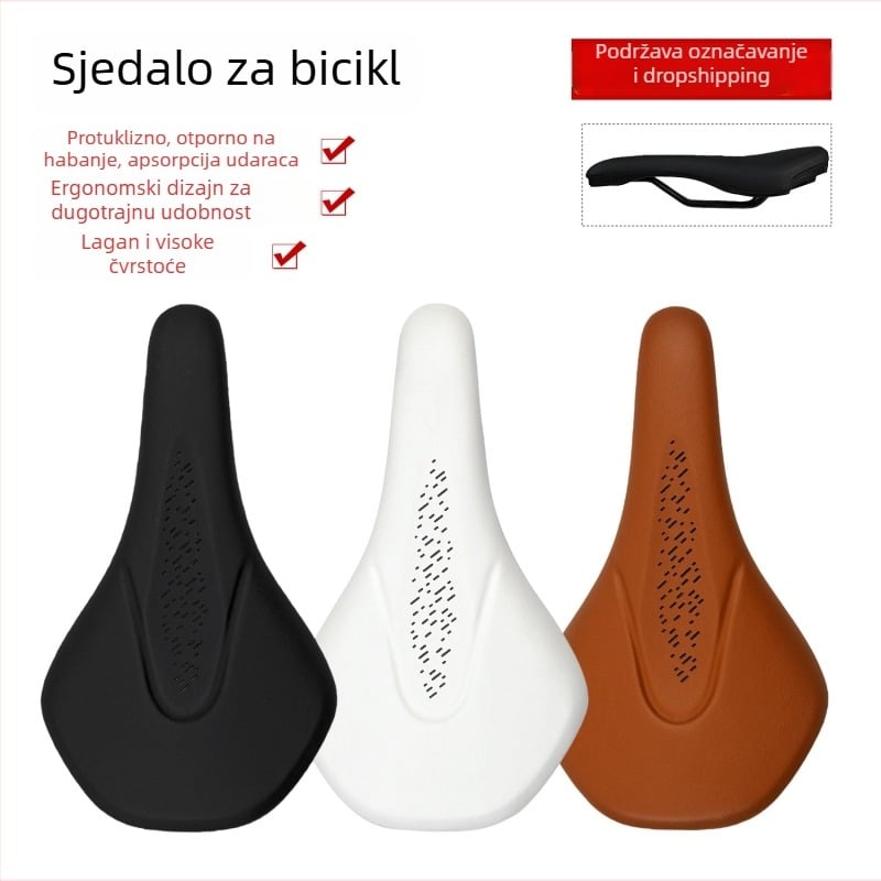 Sjedalo za bicikl – ZHIQIU; Materijal: PU; Konstrukcija: PU koža, memorijska pjena, PA12 baza, karbon-luk za apsorpciju udaraca; Pogodno za cestovne i planinske bicikle