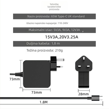 65W USB-C punjač za Lenovo prijenosna računala, PD20V, izlaz 5-20V / 3A, ulaz 110-240V