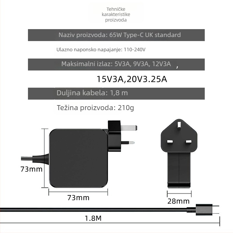 65W USB-C punjač za Lenovo prijenosna računala, PD20V, izlaz 5-20V / 3A, ulaz 110-240V