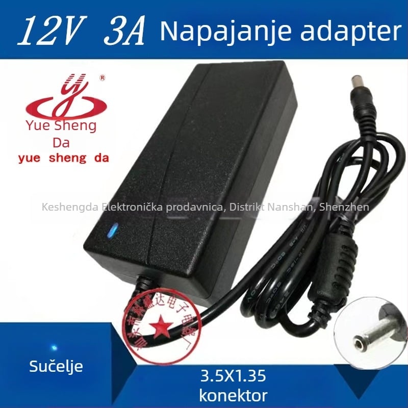 Shengda 12V 3A DC napajanje s konektorom 3.5×1.35mm, ulaz 100–240V, model 12V3A3.5X1.35mm, pogodan za monitor, prijenosno računalo, digitalni okvir i tablet