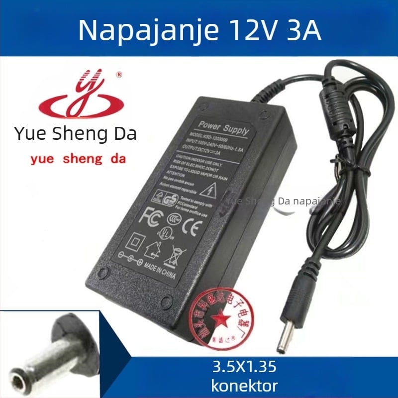 Shengda 12V 3A DC napajanje s konektorom 3.5×1.35mm, ulaz 100–240V, model 12V3A3.5X1.35mm, pogodan za monitor, prijenosno računalo, digitalni okvir i tablet