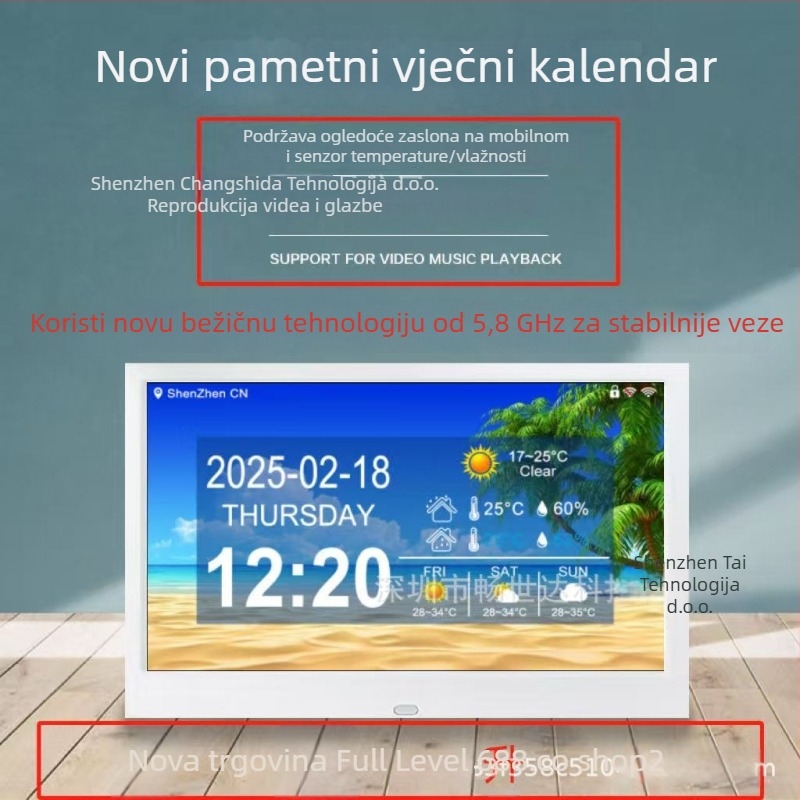 WiFi digitalni sat s vječnim kalendarom, vremenskom prognozom, temperaturom i vlagom; 1024×600 rezolucija; podrška SD kartici i USB flash pogonu za kućnu stolnu upotrebu