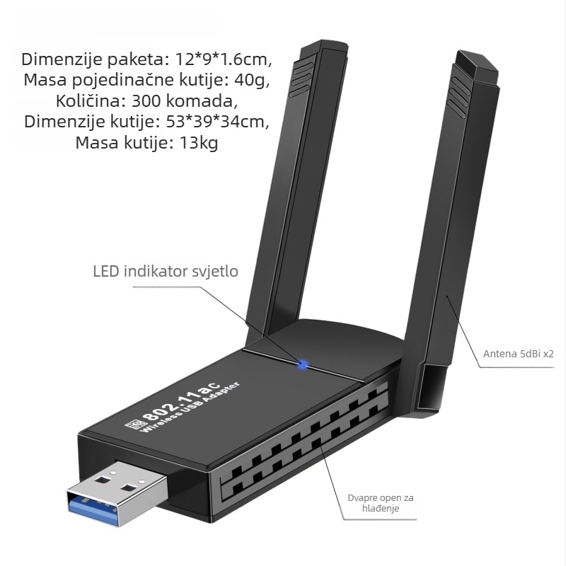 USB bežična mrežna kartica s Bluetoothom 5.4 – dvopojasni Wi‑Fi 6, 1200 Mbps, bez drajvera