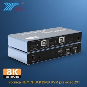 DP KVM prekidač za dva računala koja dijele jedan zaslon, podržava 8K60/4K rezoluciju, prebacivanje putem tipkovničkih prečaca, dijeljenje USB uređaja (USB pogon i pisač), kompatibilan s Windows