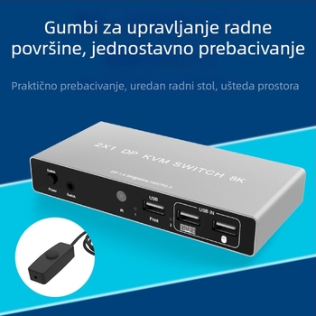 DP KVM prekidač za dva računala koja dijele jedan zaslon, podržava 8K60/4K rezoluciju, prebacivanje putem tipkovničkih prečaca, dijeljenje USB uređaja (USB pogon i pisač), kompatibilan s Windows