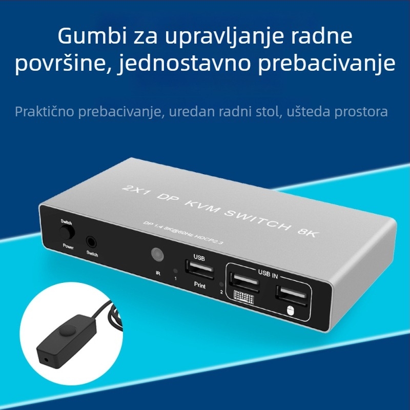 DP KVM prekidač za dva računala koja dijele jedan zaslon, podržava 8K60/4K rezoluciju, prebacivanje putem tipkovničkih prečaca, dijeljenje USB uređaja (USB pogon i pisač), kompatibilan s Windows
