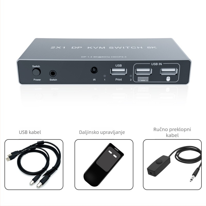 DP KVM prekidač za dva računala koja dijele jedan zaslon, podržava 8K60/4K rezoluciju, prebacivanje putem tipkovničkih prečaca, dijeljenje USB uređaja (USB pogon i pisač), kompatibilan s Windows