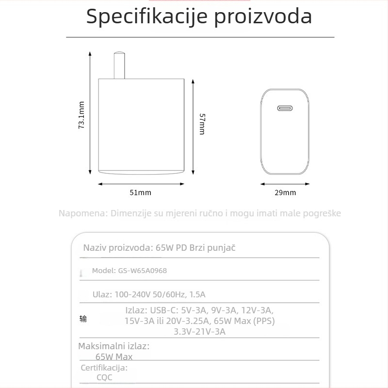 USB-C PD65W punjač s jednim portom, izlaz 20V/3.25A, ulaz 100-240V