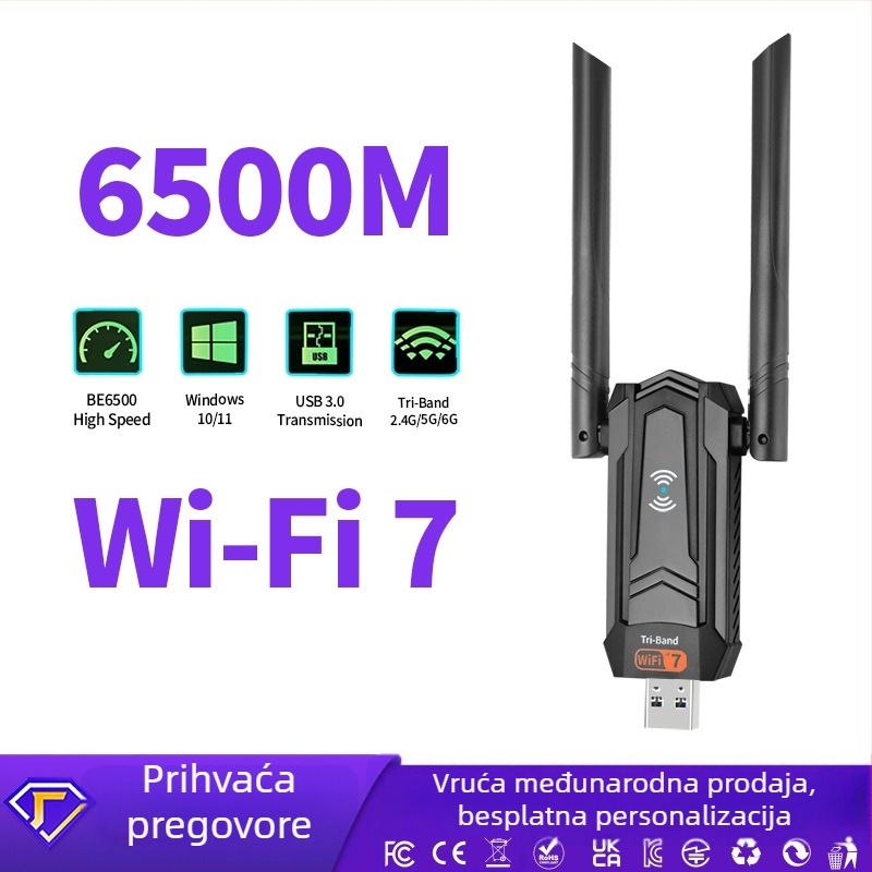 USB 3.0 bežična mrežna kartica, Wi-Fi 7, 6500 Mbps, za desktop, 2.4/5/6 GHz, 802.11be