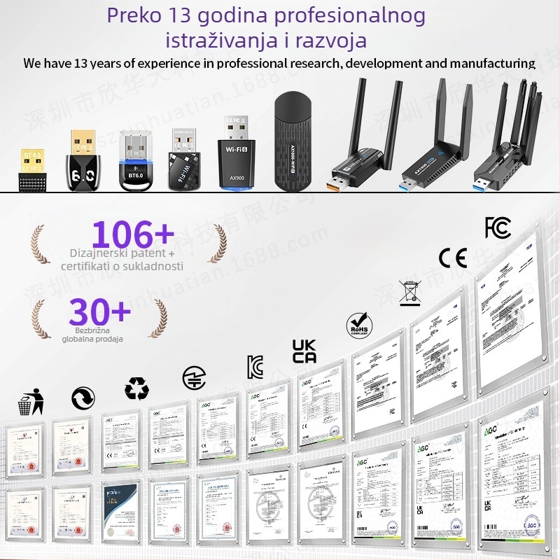 USB 3.0 bežična mrežna kartica, Wi-Fi 7, 6500 Mbps, za desktop, 2.4/5/6 GHz, 802.11be