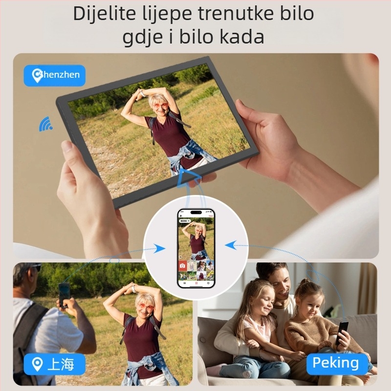 WiFi digitalni okvir za fotografije s dodirnim zaslonom i senzorom gravitacije, rezolucija 1280x800, 32 GB memorije, podrška TF kartici, reprodukcija videa