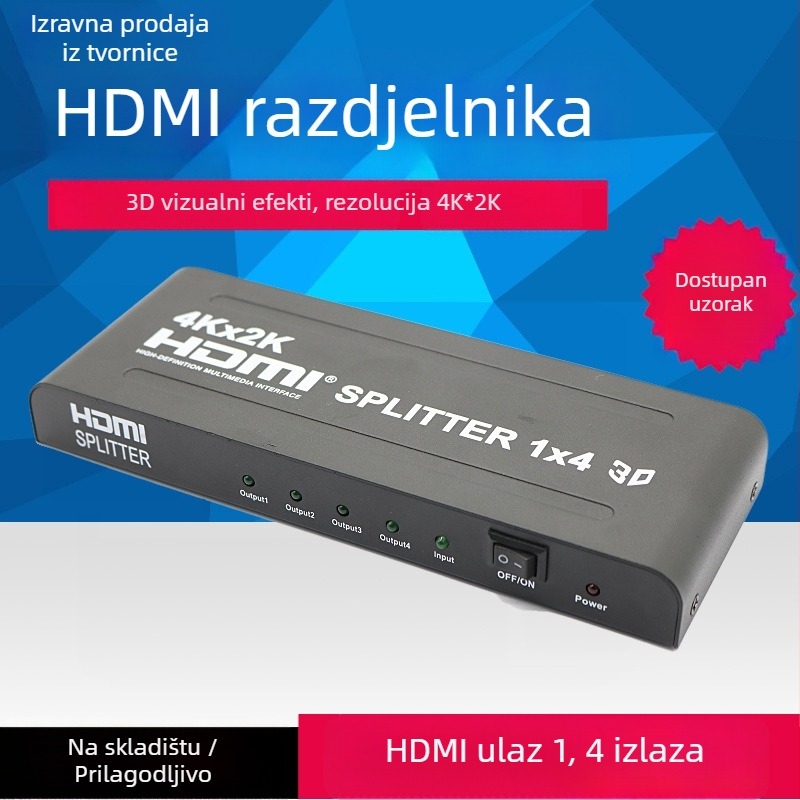HDMI 1x4 prekidač/rasporednik — video distribucija 4K×2K, 1 ulaz, 4 izlaza, podrška upravljanju napajanjem