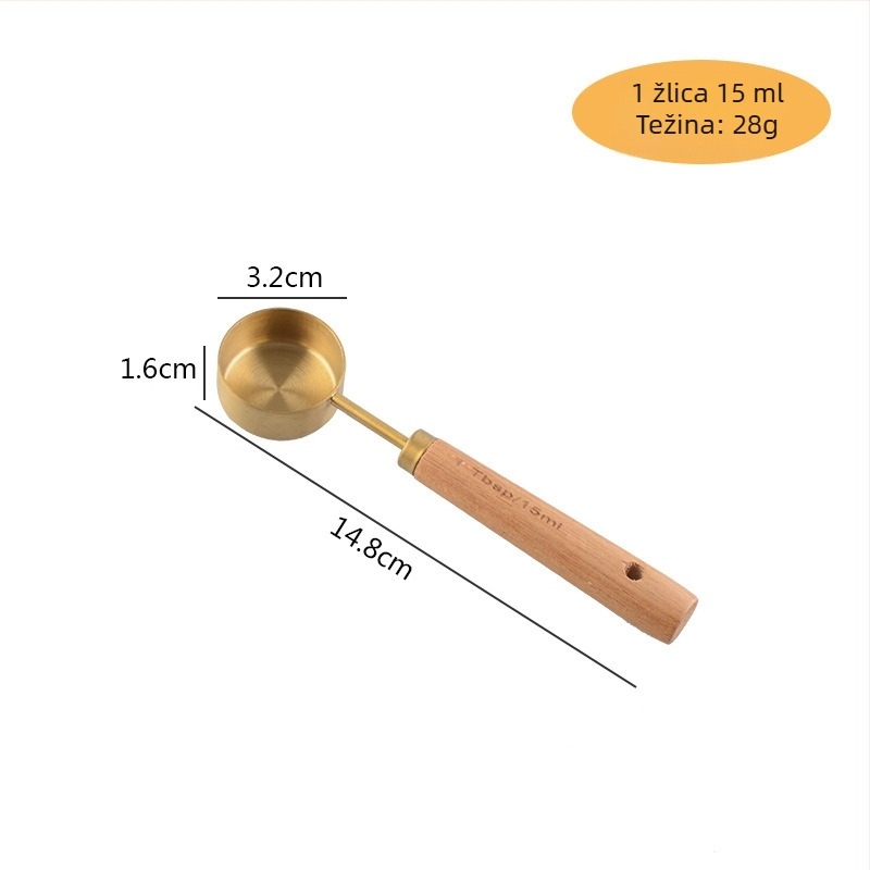 Set mjernih čašica i žlica od nehrđajućeg čelika s drškom od drveta akacije, osam dijelova, europski stil za pečenje