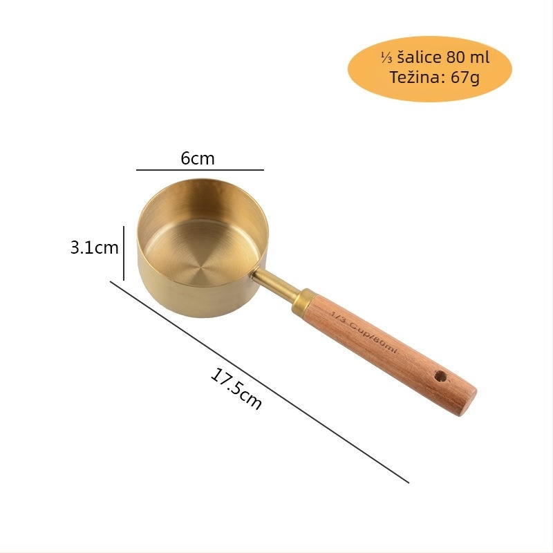 Set mjernih čašica i žlica od nehrđajućeg čelika s drškom od drveta akacije, osam dijelova, europski stil za pečenje