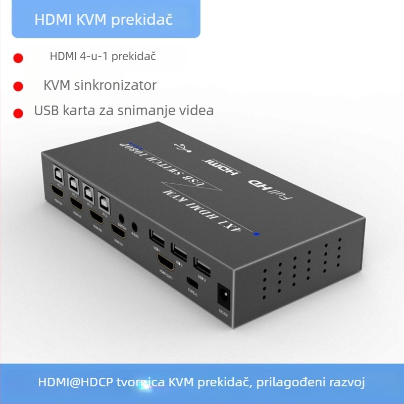 HDMI KVM prekidač s 4-portnim splitterom, ekstrakcija zvuka, podrška 4K/1080p, daljinsko buđenje, upravljanje napajanjem