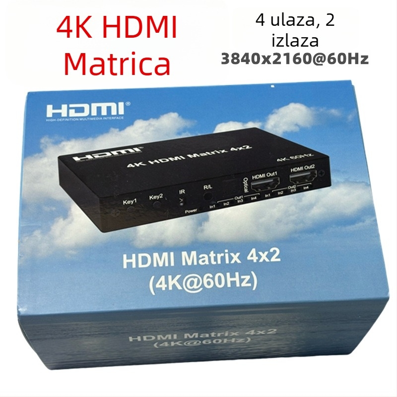HDMI 2.0 Video matrica, 4×2, 4 ulaza/2 izlaza, 4K60Hz, optičko audio razdvajanje i 3,5 mm