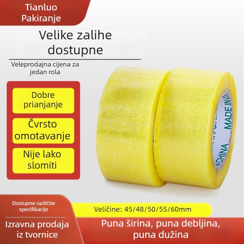 Prozirna ambalažna traka, BOPP film, ljepilo na toplom taljenju, jaka adhezija, dobra čvrstoća, za zatvaranje i pakiranje, raspon temperatura -20 do 40 °C