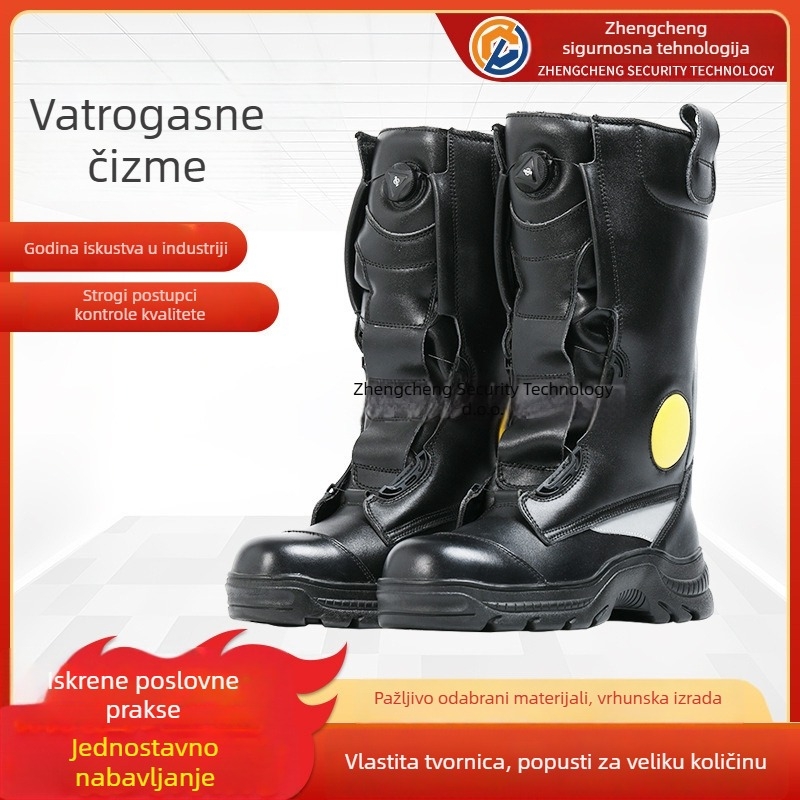 Vatrogasne kožne čizme, otporne na plamen, zaštita od udaraca i probijanja, gumena potplat, teleća koža